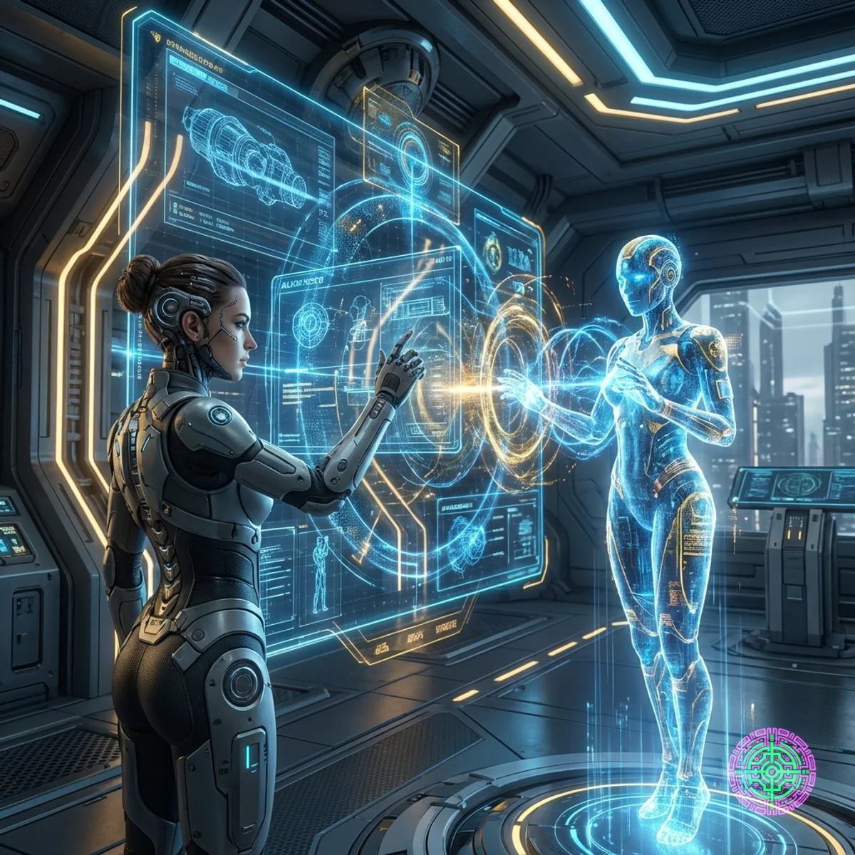 Ein futuristischer menschlicher Ingenieur, der mit einem leuchtenden digitalen KI-Avatar auf einer holographischen Oberfläche zusammenarbeitet.