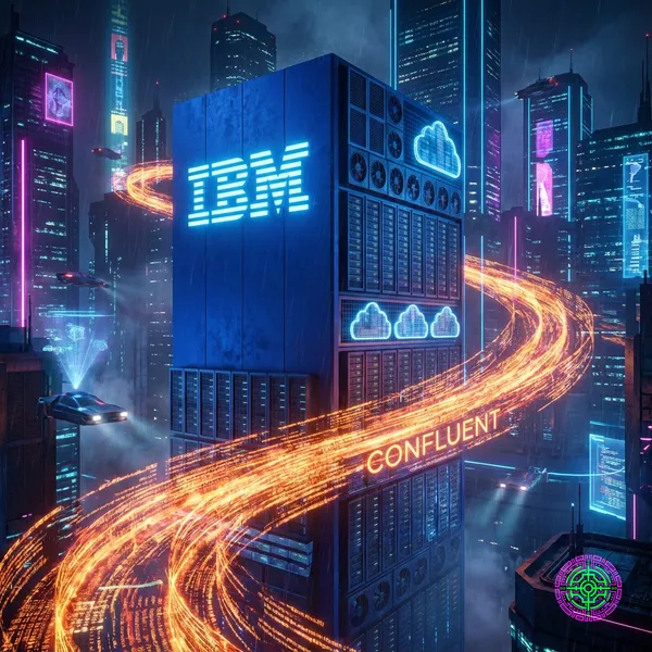 A massive blue IBM monolith integrating with a flowing orange Confluent data stream