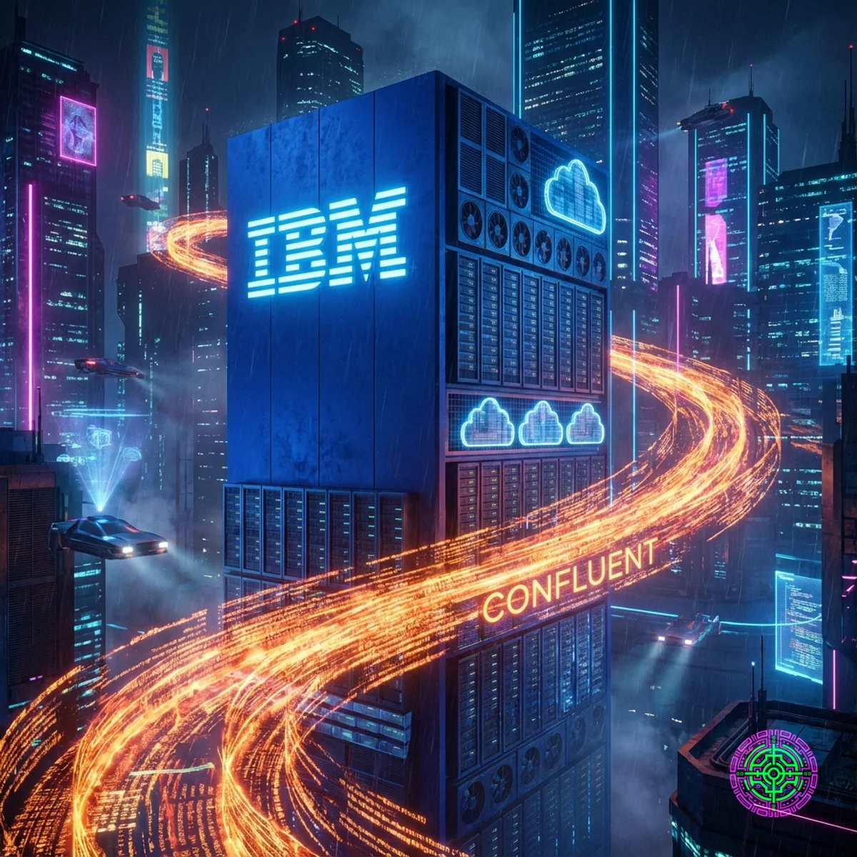 A massive blue IBM monolith integrating with a flowing orange Confluent data stream