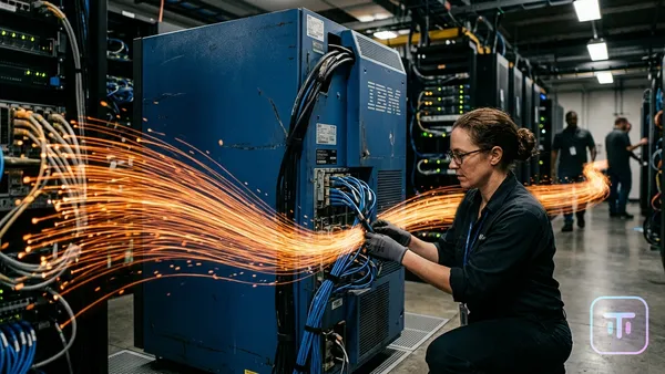 A massive blue IBM monolith integrating with a flowing orange Confluent data stream