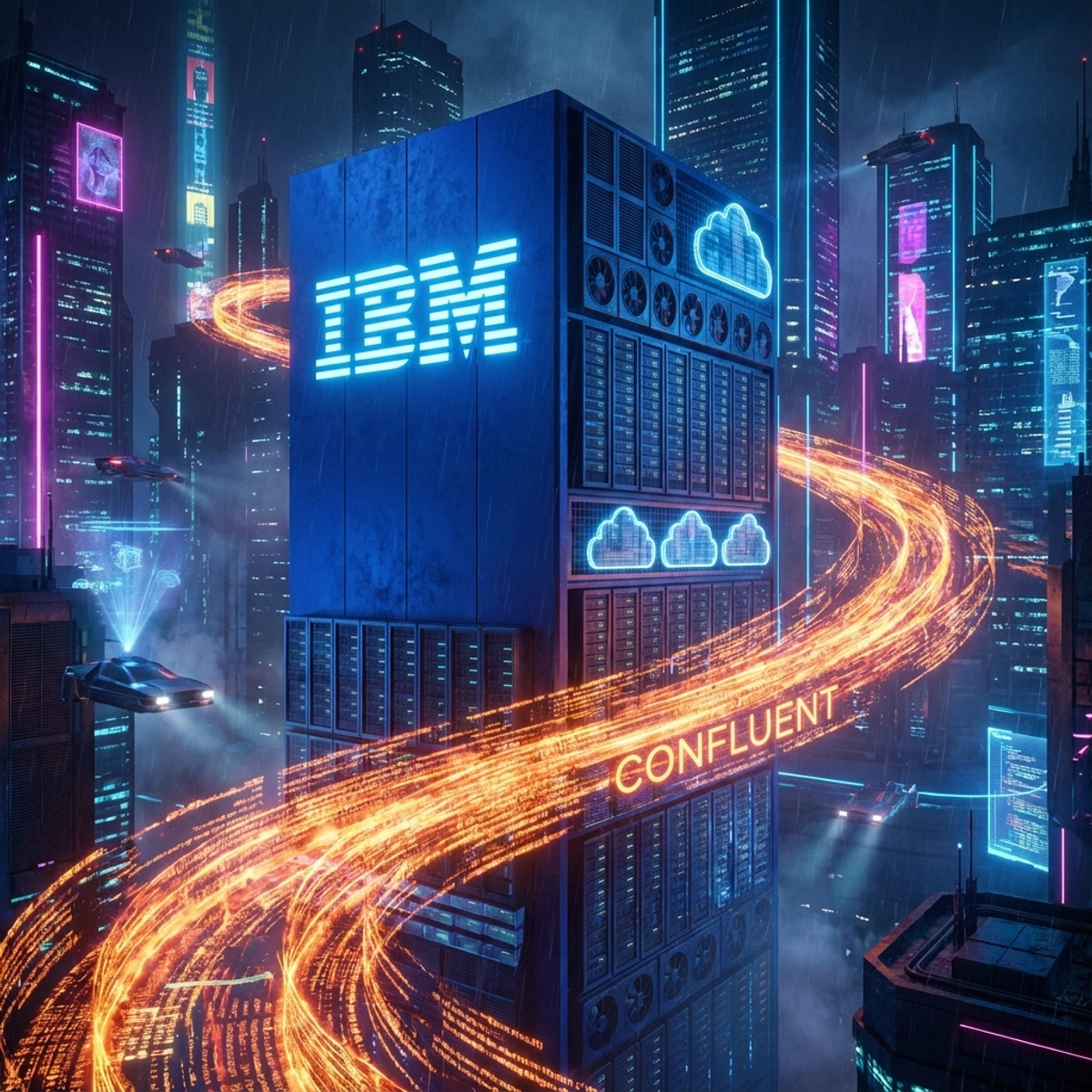 一个巨大的蓝色 IBM 巨石与流动的橙色 Confluent 数据流集成