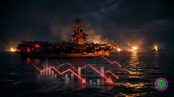 A US aircraft carrier at night in the Persian Gulf bathed in red emergency lighting with fire reflections on dark water and holographic market crash charts projected on the surface