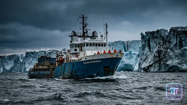 US industrial vessel approaching Greenland ice cliffs under a dark sky.