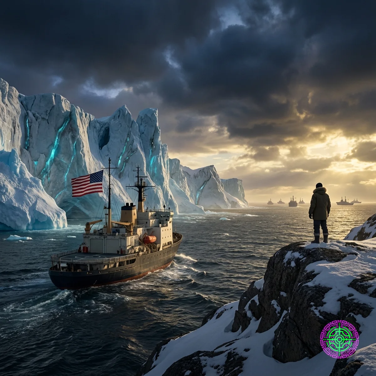 Navire industriel américain s'approchant des falaises de glace du Groenland sous un ciel sombre.