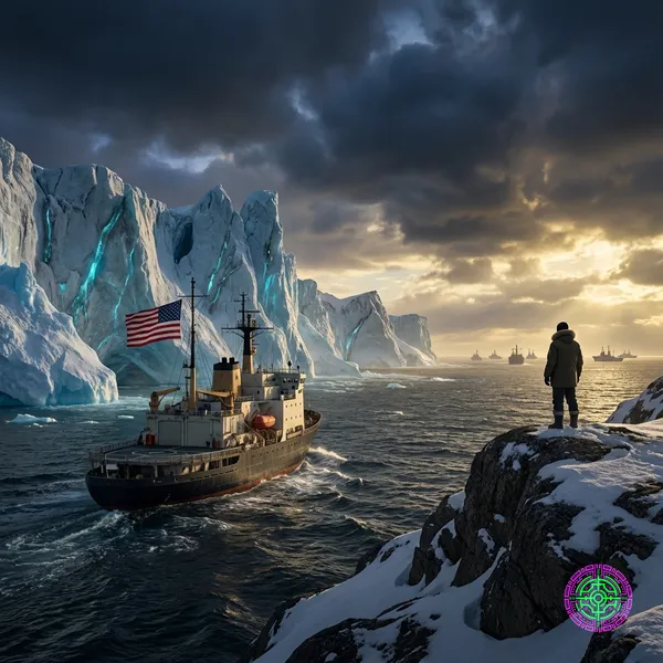 US industrial vessel approaching Greenland ice cliffs under a dark sky.