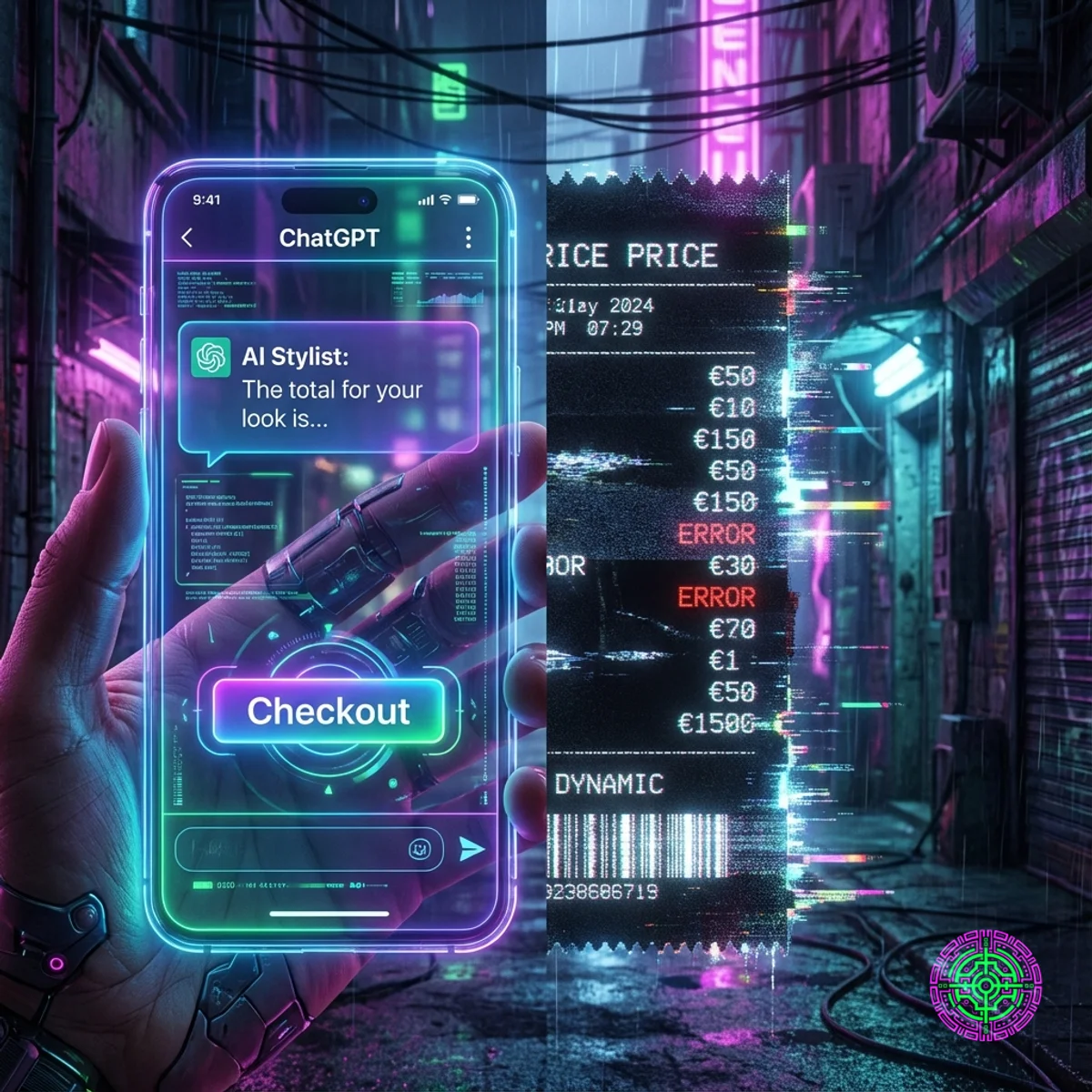 Ecrã dividido mostrando uma interface de checkout futurista do ChatGPT versus uma execução de preços dinâmicos com falhas e recibos