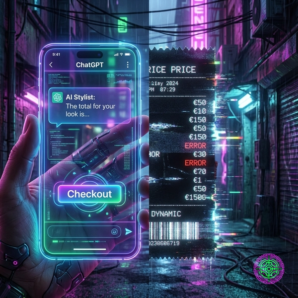 Split screen showing a futuristic ChatGPT checkout interface versus a glitchy, receipts execution of dynamic pricing