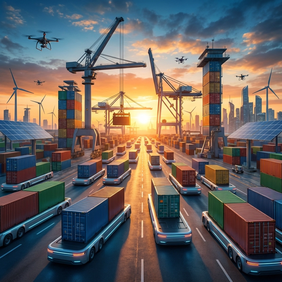 Photorealistic wide shot of autonomous electric container trucks operating in a futuristic shipping port at sunset.