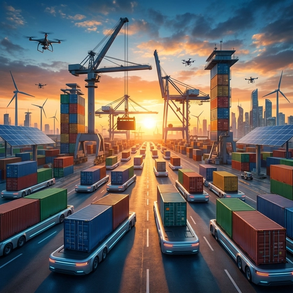 Photorealistic wide shot of autonomous electric container trucks operating in a futuristic shipping port at sunset.