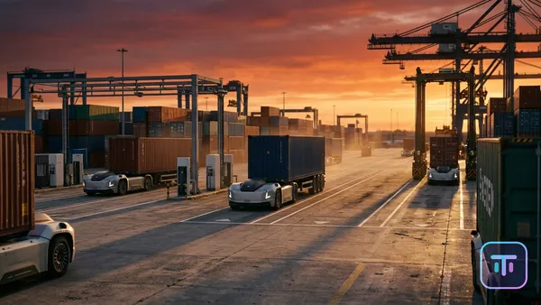 Photorealistic wide shot of autonomous electric container trucks operating in a futuristic shipping port at sunset.