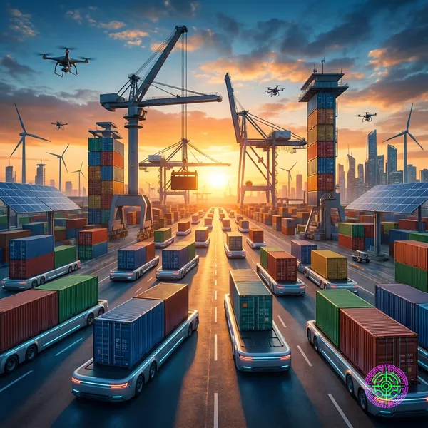Fotorealistische Weitwinkelaufnahme von autonomen elektrischen Containerwagen, die in einem futuristischen Schifffahrtshafen bei Sonnenuntergang operieren.