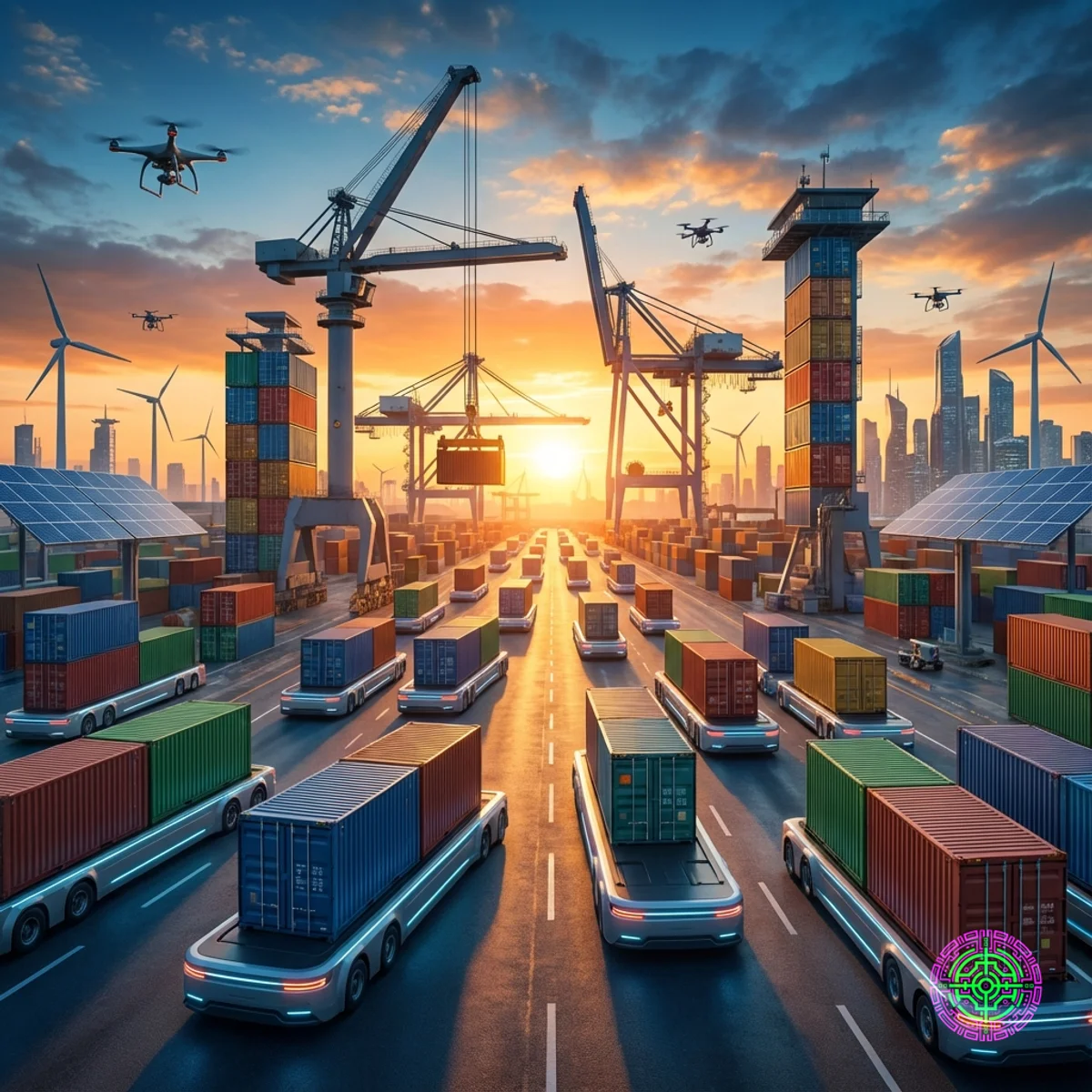 Fotorealistische Weitwinkelaufnahme von autonomen elektrischen Containerwagen, die in einem futuristischen Schifffahrtshafen bei Sonnenuntergang operieren.