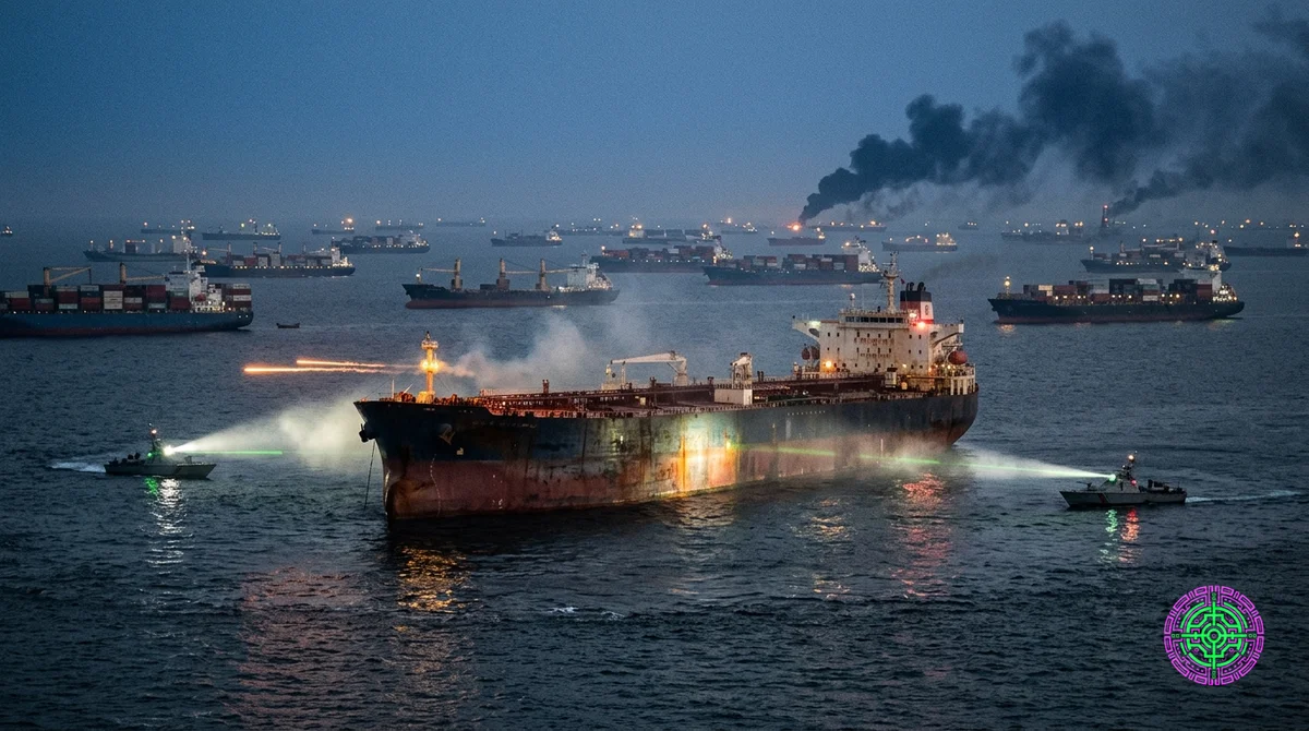 Un pétrolier solitaire à la dérive dans le détroit d'Ormuz au crépuscule, deux petites canonnières l'encerclant avec des projecteurs, des tirs de traçage s'arc-boutant au-dessus de la proue, un mur de cargos ancrés s'étendant jusqu'à l'horizon derrière, style photojournalistique de photographie de guerre avec lumière disponible
