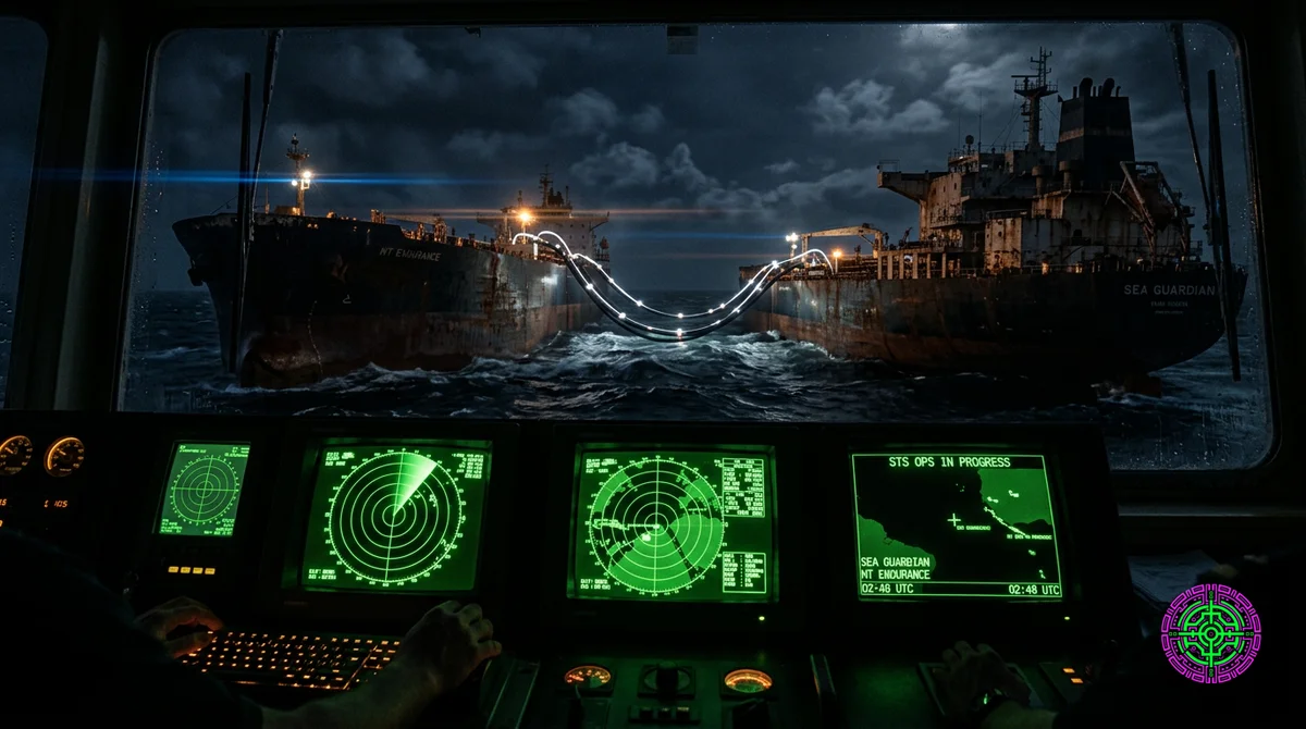 cinemático 16:9 ultra-ancho realista, escena nocturna, enorme petrolero oxidado con luces apagadas transferencia de barco a barco