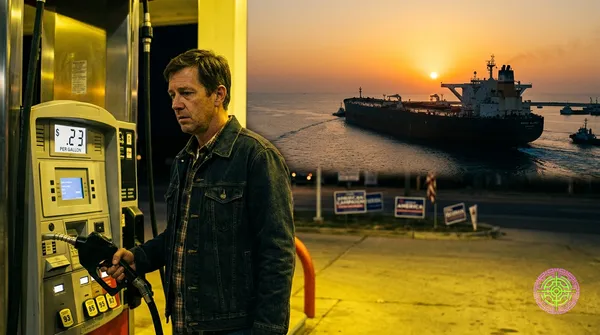 An American driver at a sodium-lit gas pump showing $4.23 per gallon in the foreground, a fully loaded Iranian VLCC supertanker departing Kharg Island at golden hour in the background, photojournalistic documentary style with available light, shot on 35mm f1.4