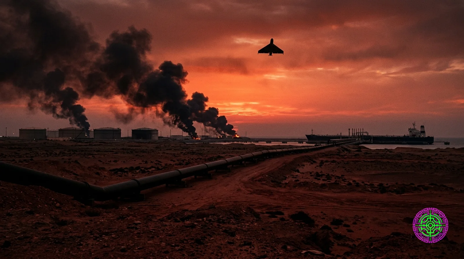 A massive industrial oil pipeline arcing across the desert toward a burning port terminal at twilight, columns of black smoke rising from storage tanks on the horizon, an Iranian Shahed-136 loitering munition silhouetted against a red apocalyptic sky in the upper third of the frame, photorealistic Pulitzer Prize war photojournalism style with extreme chiaroscuro lighting, shot on Canon EOS R5 200mm telephoto