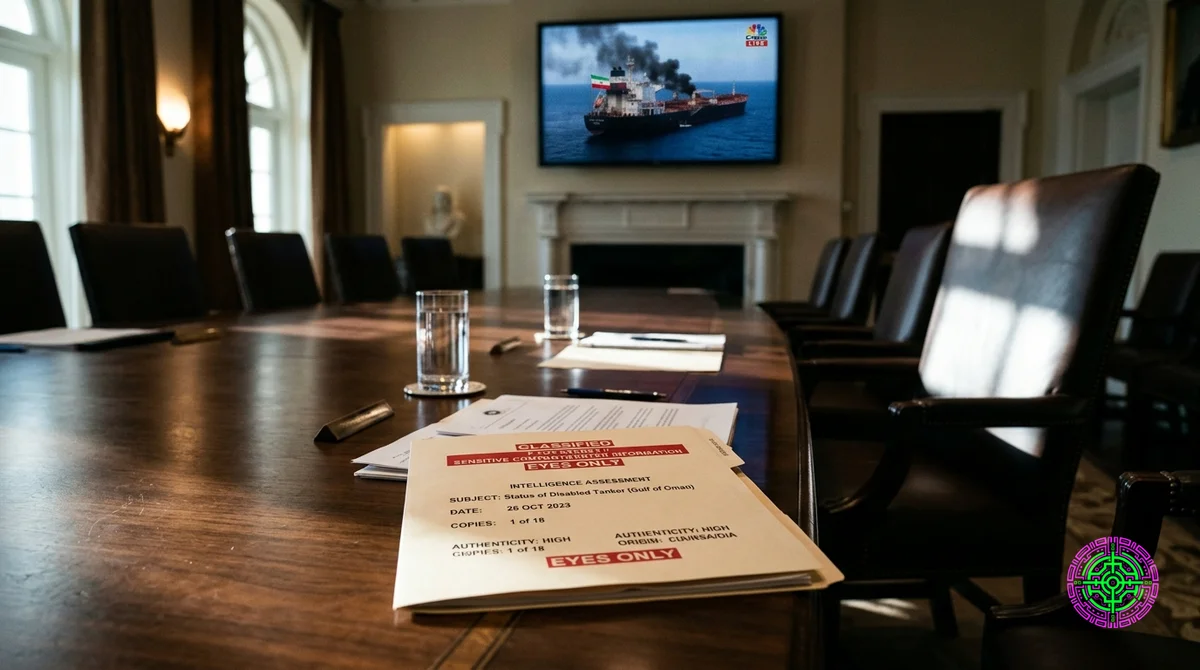 A classified-marked document on a polished cabinet-room table at the White House, the empty Resolute leather chair pushed back at the head of the table, a wall-mounted news monitor in soft focus showing a disabled tanker dead in the water in the Gulf of Oman, photojournalistic available light