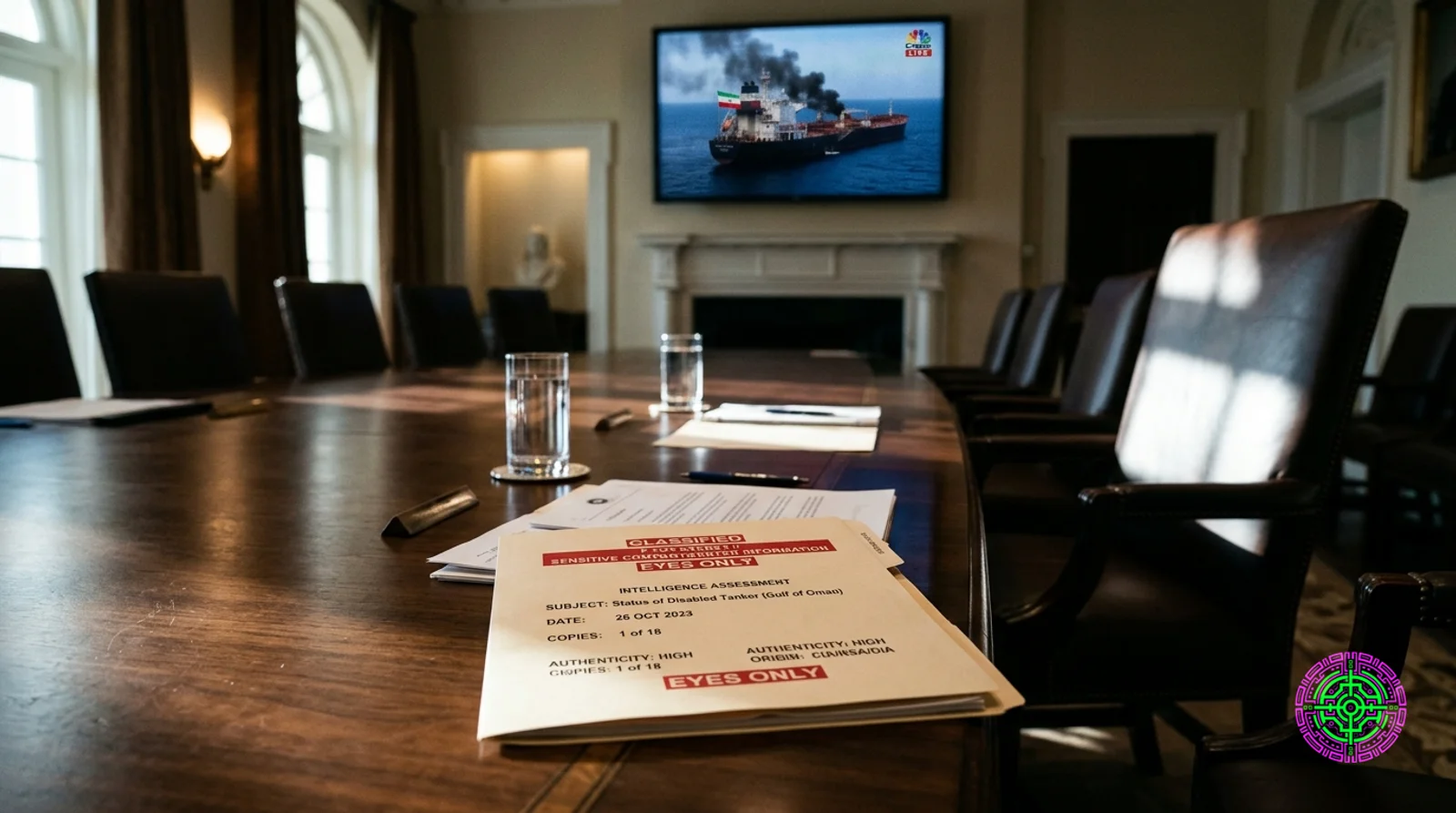 A classified-marked document on a polished cabinet-room table at the White House, the empty Resolute leather chair pushed back at the head of the table, a wall-mounted news monitor in soft focus showing a disabled tanker dead in the water in the Gulf of Oman, photojournalistic available light