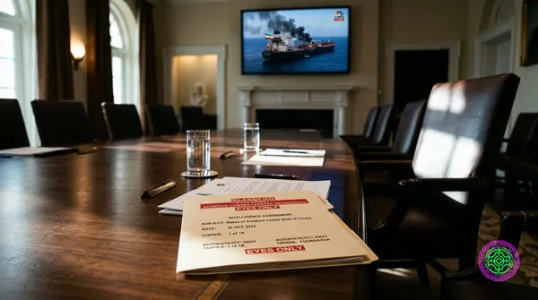 A classified-marked document on a polished cabinet-room table at the White House, the empty Resolute leather chair pushed back at the head of the table, a wall-mounted news monitor in soft focus showing a disabled tanker dead in the water in the Gulf of Oman, photojournalistic available light