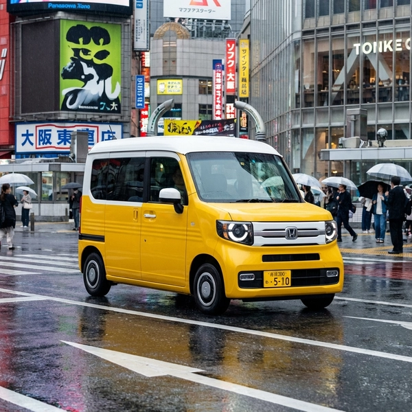 A modern Japanese Kei car concept driving on a city street
