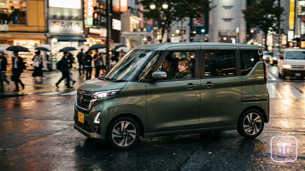 一辆现代日本 Kei Car 概念车行驶在城市街道上