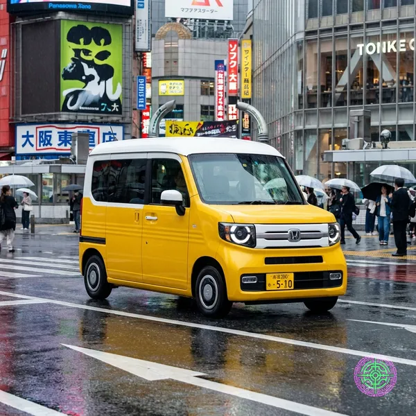 A modern Japanese Kei car concept driving on a city street