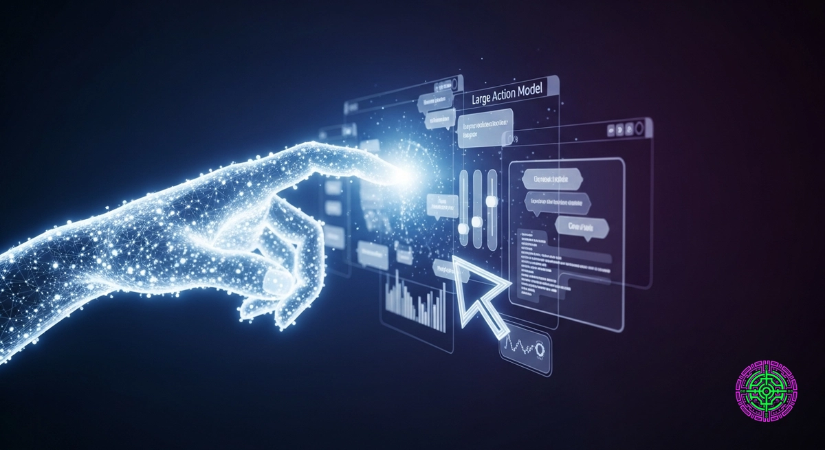 Eine Visualisierung einer 'Large Action Model'-KI, die mit einer digitalen Schnittstelle interagiert. Eine leuchtende, ätherische neuronale Netzwerkhand oder ein Cursor manipuliert komplexe, schwebende 3D-Oberflächenelemente (Schaltflächen, Schieberegler, Codeblöcke) anstatt nur Text zu generieren. Der Hintergrund ist eine tiefe, elegante, dunkelblau/violette technische Leere. Hoher Kontrast, filmische Beleuchtung, 8k-Auflösung, fotorealistischer Stil, 16:9-Seitenverhältnis. Keine Textüberlagerungen.