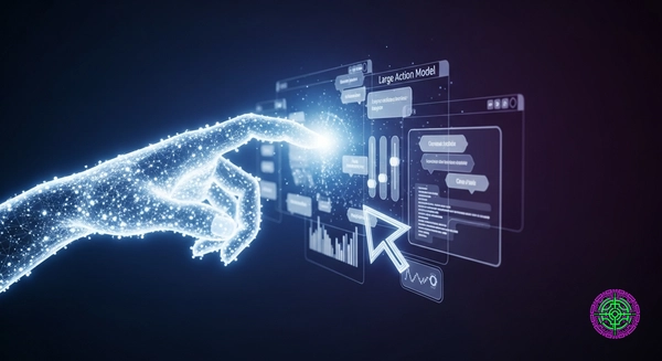 A visualization of a 'Large Action Model' AI interacting with a digital interface. A glowing, ethereal neural network hand or cursor is manipulating complex 3D floating interface elements (buttons, sliders, code blocks) rather than just generating text. The background is a deep, sleek dark blue/purple technical void. High contrast, cinematic lighting, 8k resolution, photorealistic style, 16:9 aspect ratio. No text overlays.