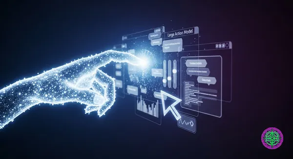 A visualization of a 'Large Action Model' AI interacting with a digital interface. A glowing, ethereal neural network hand or cursor is manipulating complex 3D floating interface elements (buttons, sliders, code blocks) rather than just generating text. The background is a deep, sleek dark blue/purple technical void. High contrast, cinematic lighting, 8k resolution, photorealistic style, 16:9 aspect ratio. No text overlays.