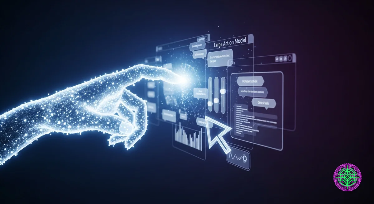 Eine Visualisierung einer 'Large Action Model'-KI, die mit einer digitalen Schnittstelle interagiert. Eine leuchtende, ätherische neuronale Netzwerkhand oder ein Cursor manipuliert komplexe, schwebende 3D-Oberflächenelemente (Schaltflächen, Schieberegler, Codeblöcke) anstatt nur Text zu generieren. Der Hintergrund ist eine tiefe, elegante, dunkelblau/violette technische Leere. Hoher Kontrast, filmische Beleuchtung, 8k-Auflösung, fotorealistischer Stil, 16:9-Seitenverhältnis. Keine Textüberlagerungen.