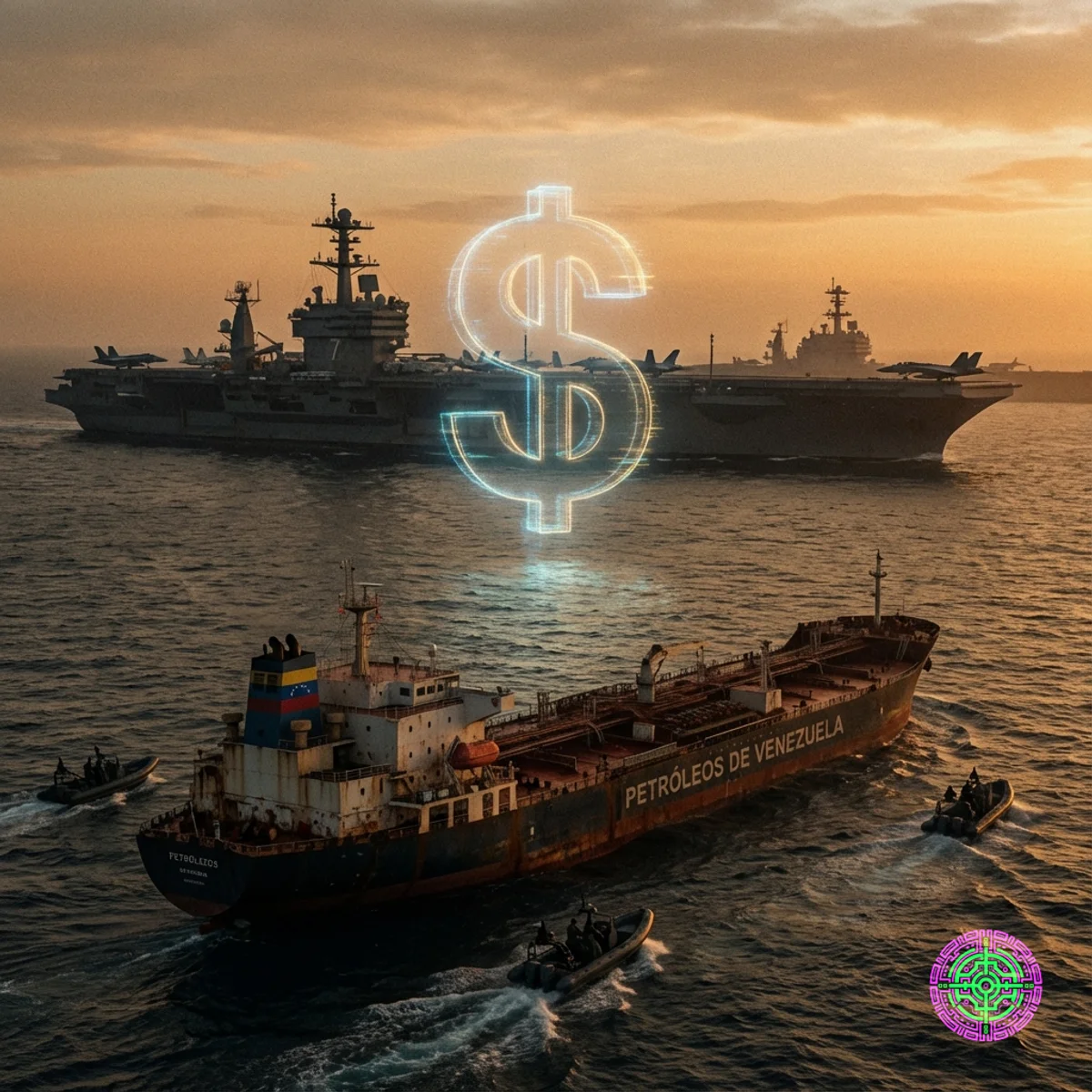 Um grupo de ataque de porta-aviões futurista da Marinha dos EUA na hora dourada com um brilhante sinal holográfico de dólar americano sobre o oceano.