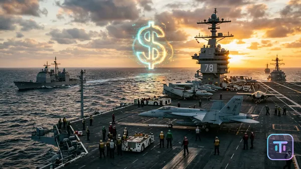 Eine futuristische Trägerkampfgruppe der US Navy zur goldenen Stunde mit einem schimmernden holographischen US-Dollar-Zeichen über dem Ozean.