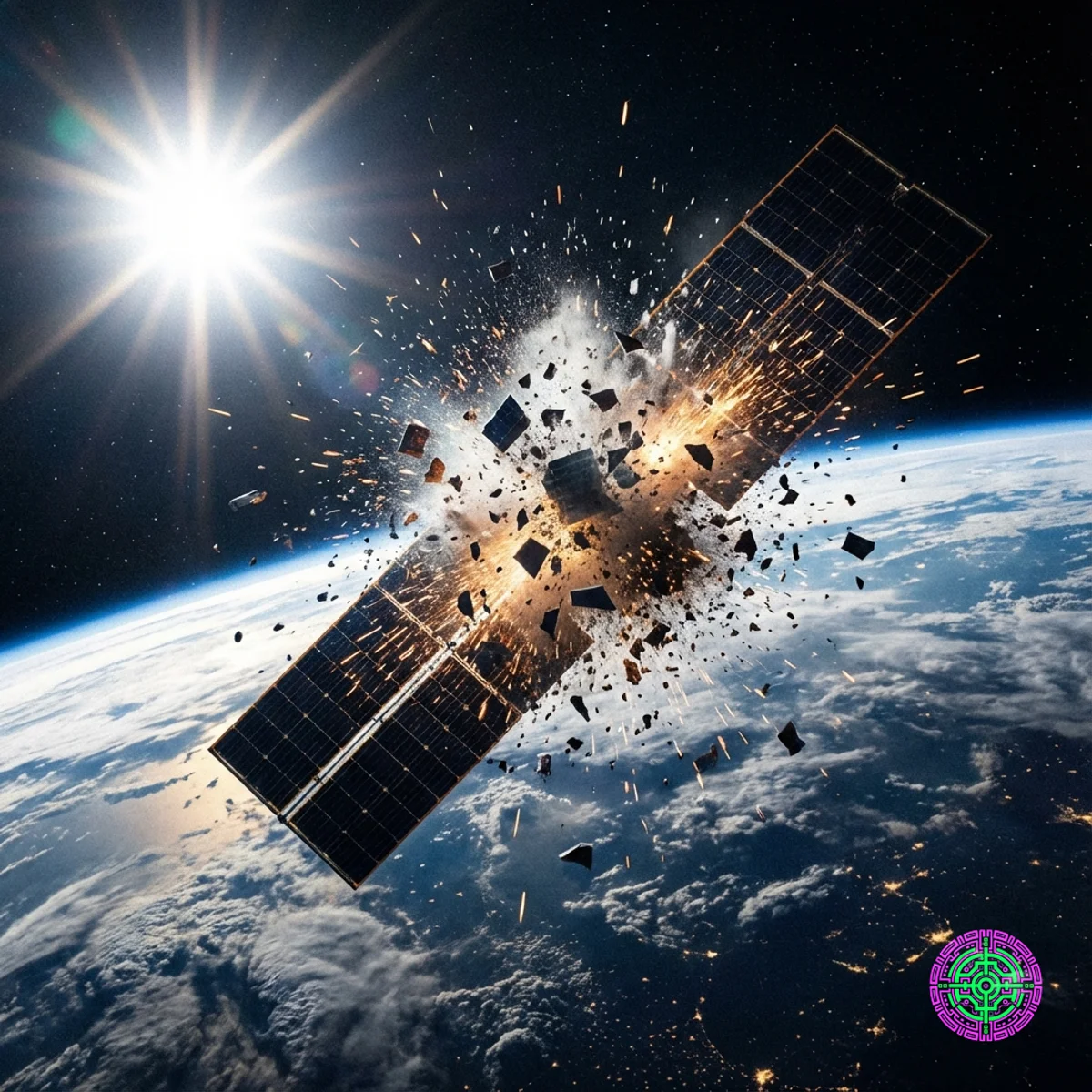 Eine hyperrealistische filmische Aufnahme der erdnahen Umlaufbahn (LEO), die ein Fragment eines Solarpanels zeigt, das von einem Hochgeschwindigkeits-Metallpellet zertrümmert wird.