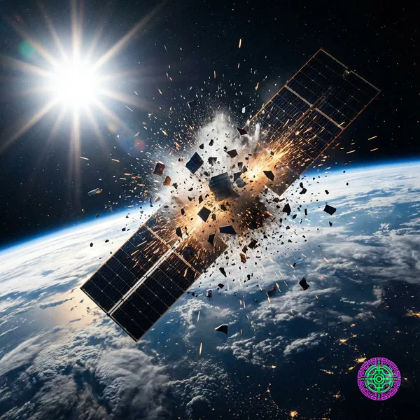 Eine hyperrealistische filmische Aufnahme der erdnahen Umlaufbahn (LEO), die ein Fragment eines Solarpanels zeigt, das von einem Hochgeschwindigkeits-Metallpellet zertrümmert wird.