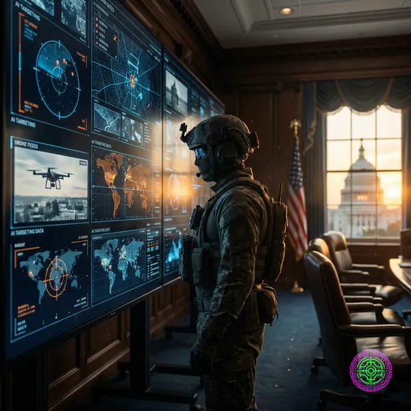 Ein hyperrealistisches, kontrastreiches Bild eines futuristischen militärischen Kommandozentrums mit dunklen taktischen Bildschirmen, die KI-Zielerfassungsdaten anzeigen, im Kontrast zu einem verschwommenen Hintergrund eines traditionellen DC-Briefingraums.