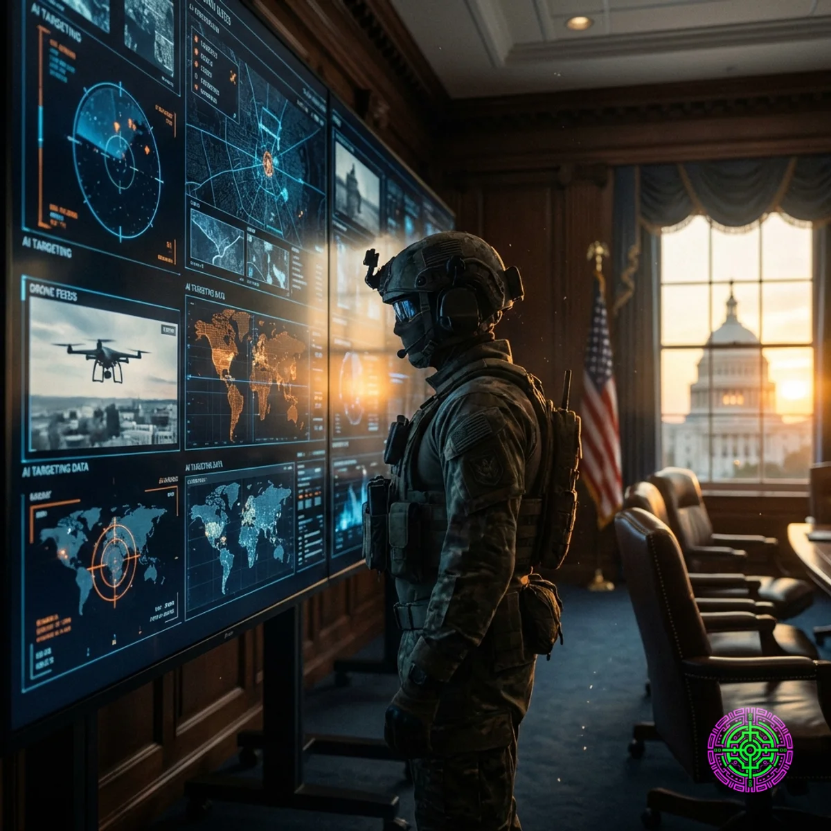 Ein hyperrealistisches, kontrastreiches Bild eines futuristischen militärischen Kommandozentrums mit dunklen taktischen Bildschirmen, die KI-Zielerfassungsdaten anzeigen, im Kontrast zu einem verschwommenen Hintergrund eines traditionellen DC-Briefingraums.