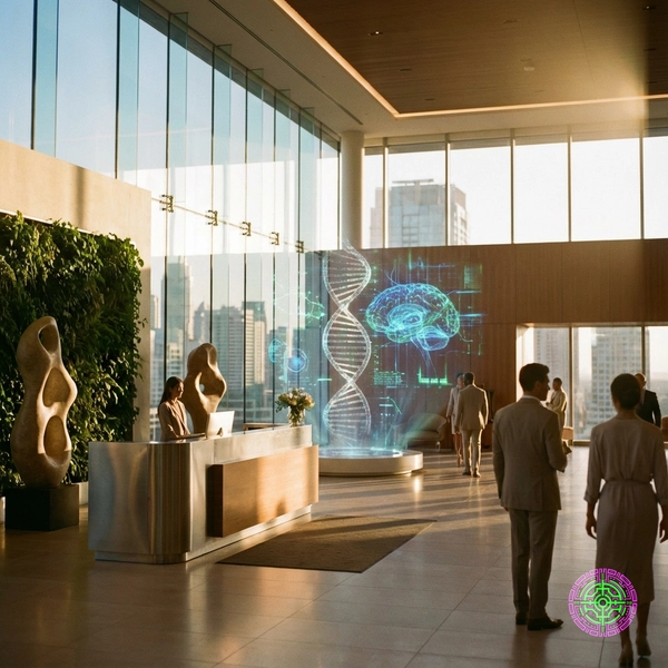 A futuristic data center with a holographic DNA helix intertwined with neural networks, symbolizing biological data authenticity.