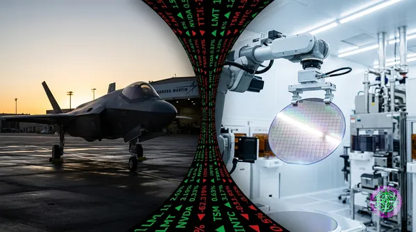 Split-screen newsroom-style composition: on the left, a grounded F-35 in shadow on a tarmac as the sun sets behind a defense contractor logo; on the right, a glowing silicon wafer rising from a fab cleanroom under bright daylight, both framed by red and green ticker tape converging at center