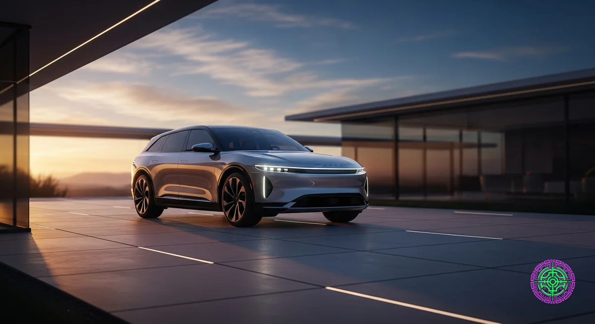 Lucid Gravity SUV in Silber bei Sonnenuntergang