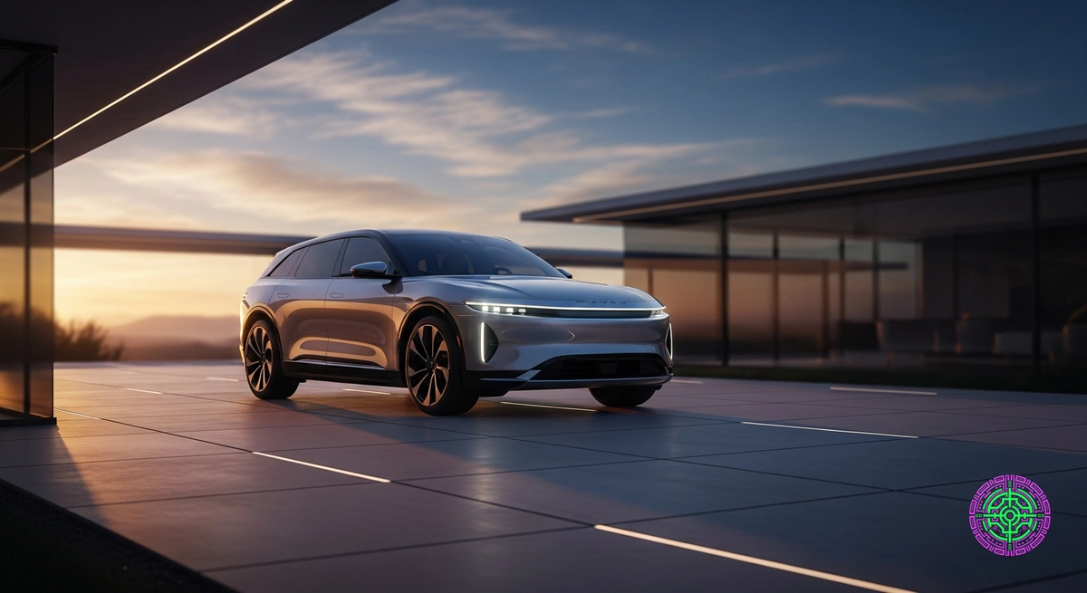 Lucid Gravity SUV in silver at sunset