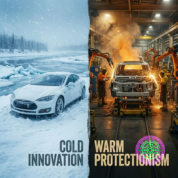 A split screen showing a frozen, abandoned electric car in the snow versus a warm, industrial factory building a gas-powered hybrid.