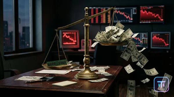 A single computer memory chip on one pan of a brass balance scale outweighing a towering pile of hundred-dollar bills on the other pan, on a trading desk
