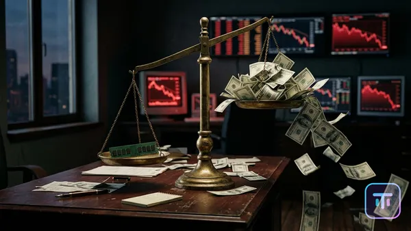 A single computer memory chip on one pan of a brass balance scale outweighing a towering pile of hundred-dollar bills on the other pan, on a trading desk