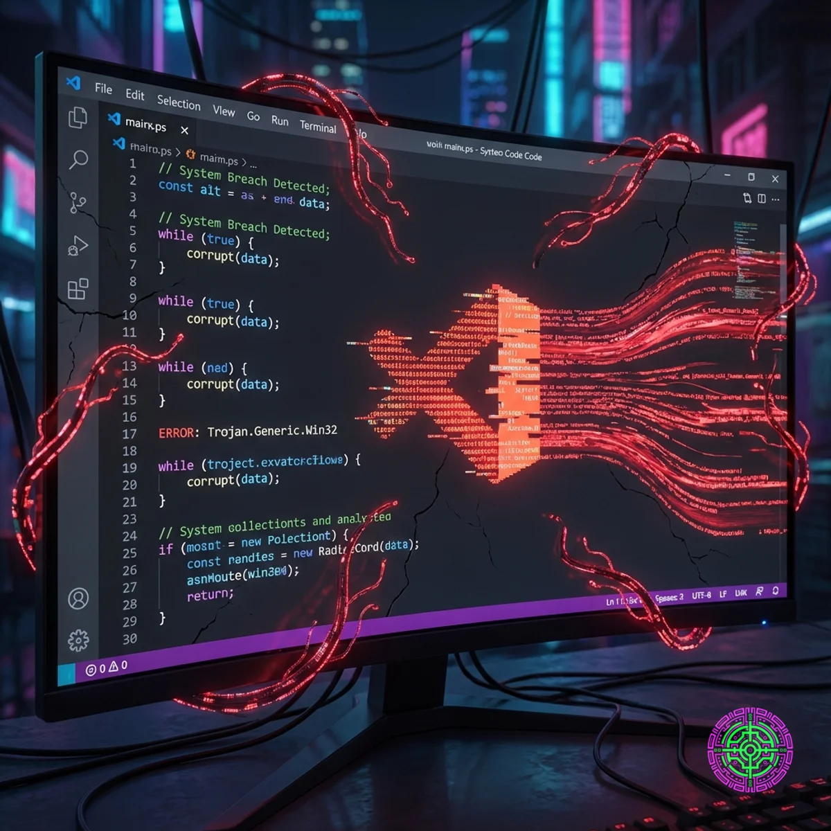 A code editor interface corrupted by red malicious data streams and a digital Trojan horse.