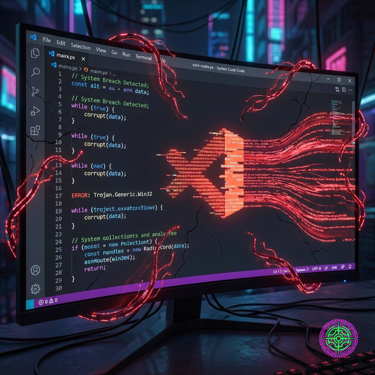 Eine Code-Editor-Oberfläche, die durch rote, bösartige Datenströme und ein digitales Trojanisches Pferd beschädigt wurde.