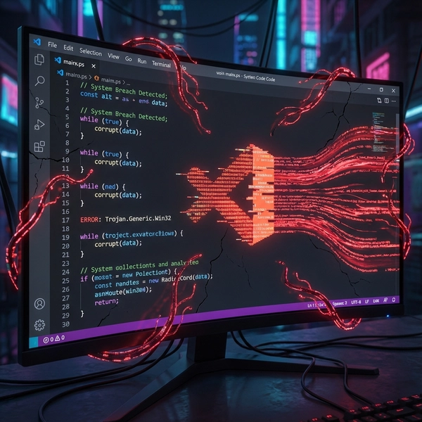 A code editor interface corrupted by red malicious data streams and a digital Trojan horse.