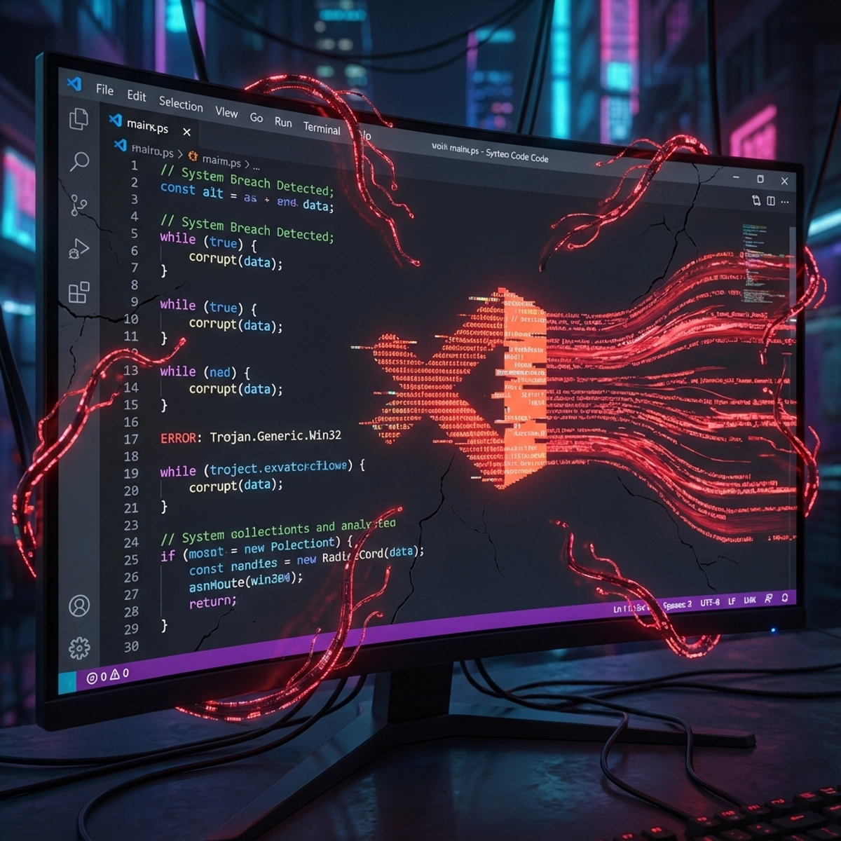 Une interface d'éditeur de code corrompue par des flux de données malveillants rouges et un cheval de Troie numérique.