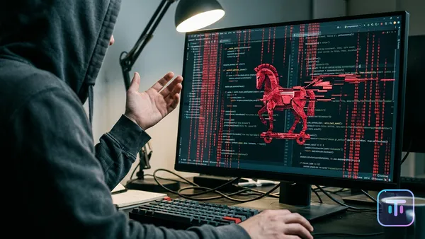 A code editor interface corrupted by red malicious data streams and a digital Trojan horse.