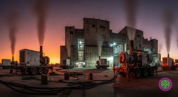 Eine dystopische Ansicht von mobilen Gasturbinen, die bei Dämmerung ein Rechenzentrum mit Strom versorgen und Rauch und Hitzeflimmern abgeben.