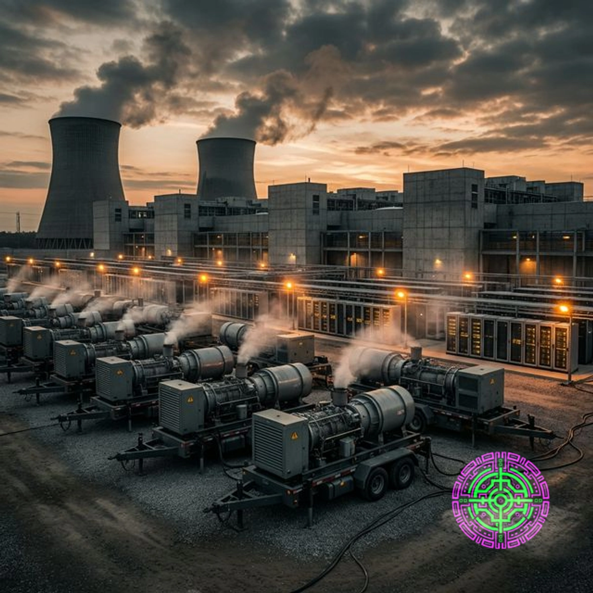 A dystopian view of mobile gas turbines powering a data center at twilight, emitting smoke and heat shimmer.